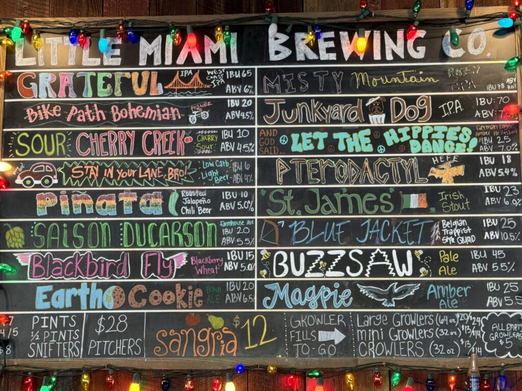 Chalkboard menu listing beers including Pterodactyl Beer at Little Miami Brewing Company taproom in Cincinnati.