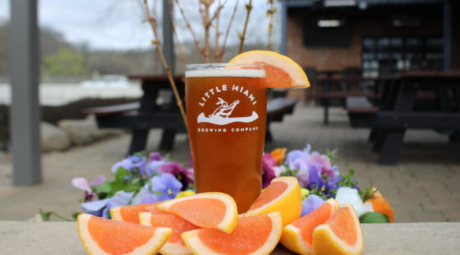 Glass of Grapefruit Peace Frog IPA surrounded by fresh grapefruit slices and colorful flowers.